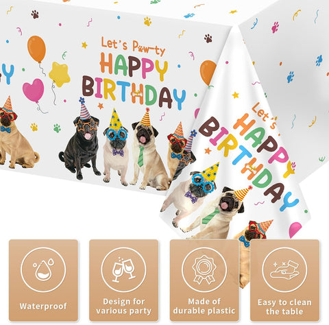 Close-up of pug plastic tablecloth with Let's Party lettering
