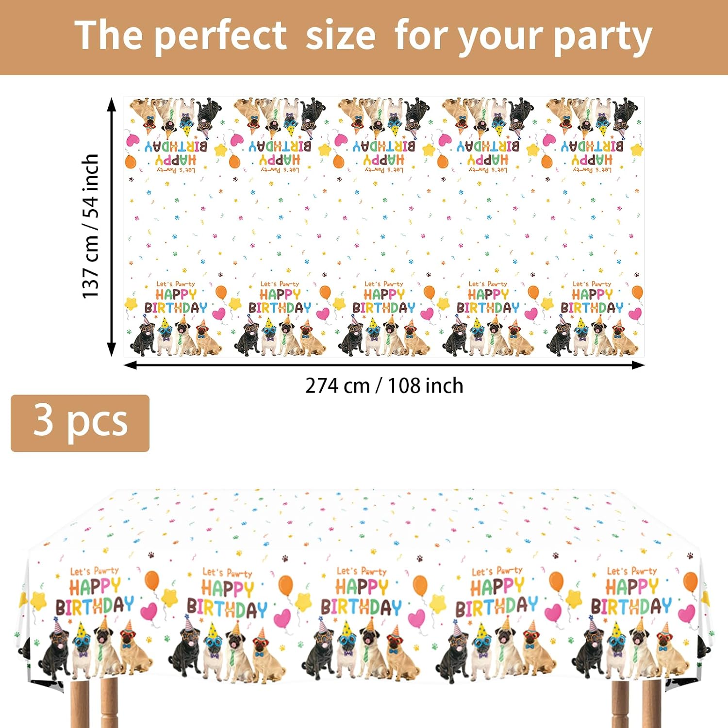 Flat lay of three pug tablecloths with cartoon dog pattern