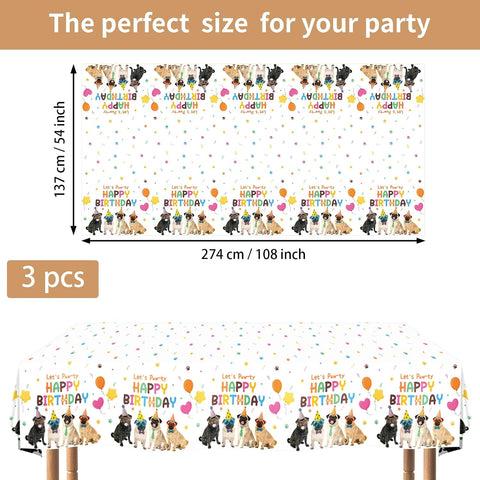 Flat lay of three pug tablecloths with cartoon dog pattern