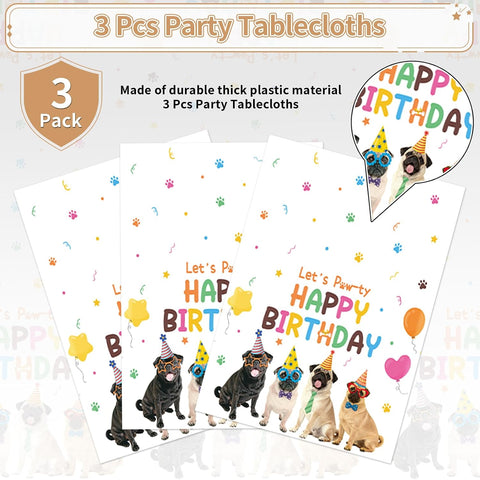 Pug birthday tablecloth draped on party table with puppy themed decorations
