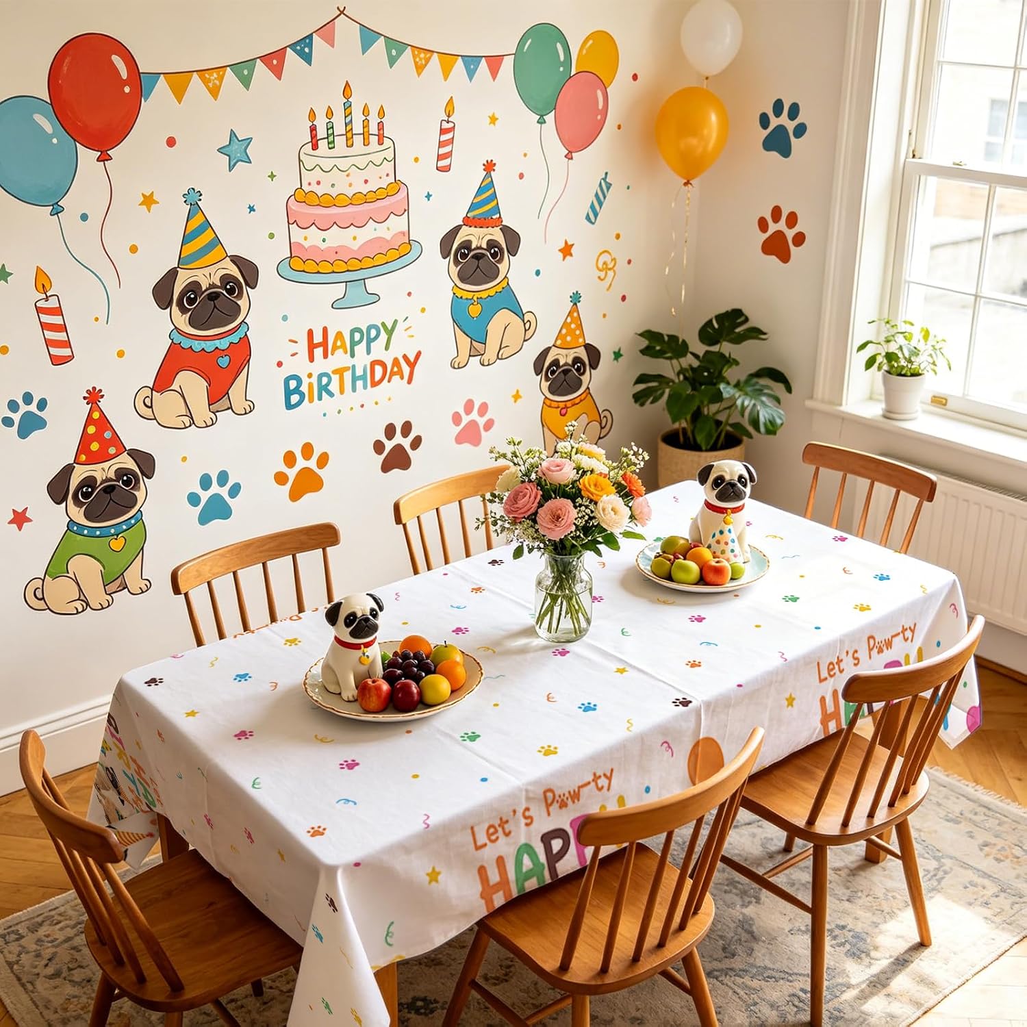 Pug themed birthday party scene with cartoon puppy tablecloth