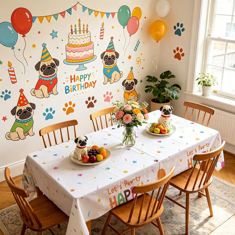Pug themed birthday party scene with cartoon puppy tablecloth