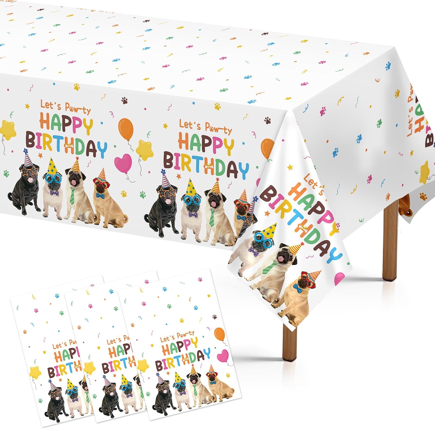 Grencian 3-piece pug dog birthday tablecloth set with cartoon puppy design