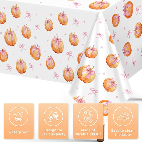 Close-up of fall pumpkin plastic tablecloth with autumn harvest pattern
