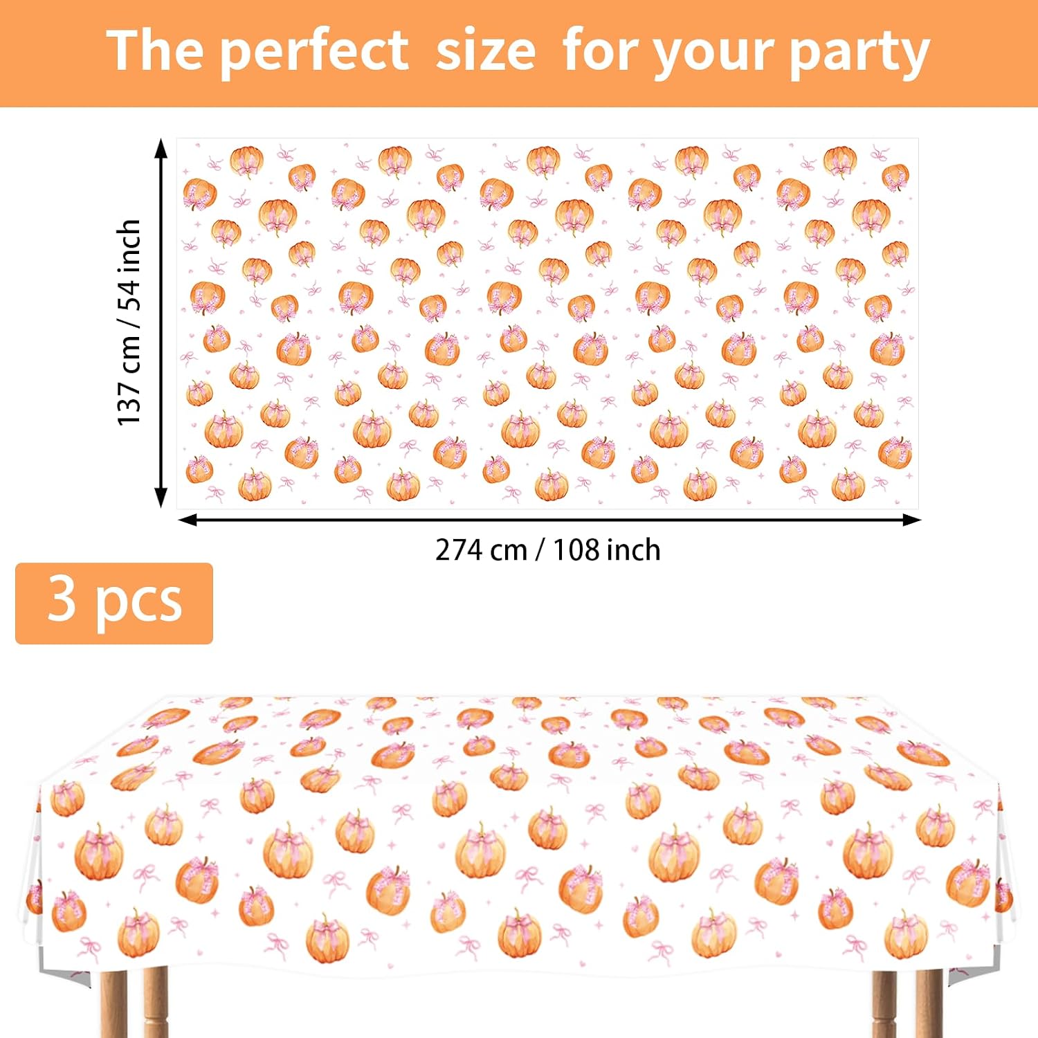 Flat lay of three fall pumpkin tablecloths with pink pumpkins and bows