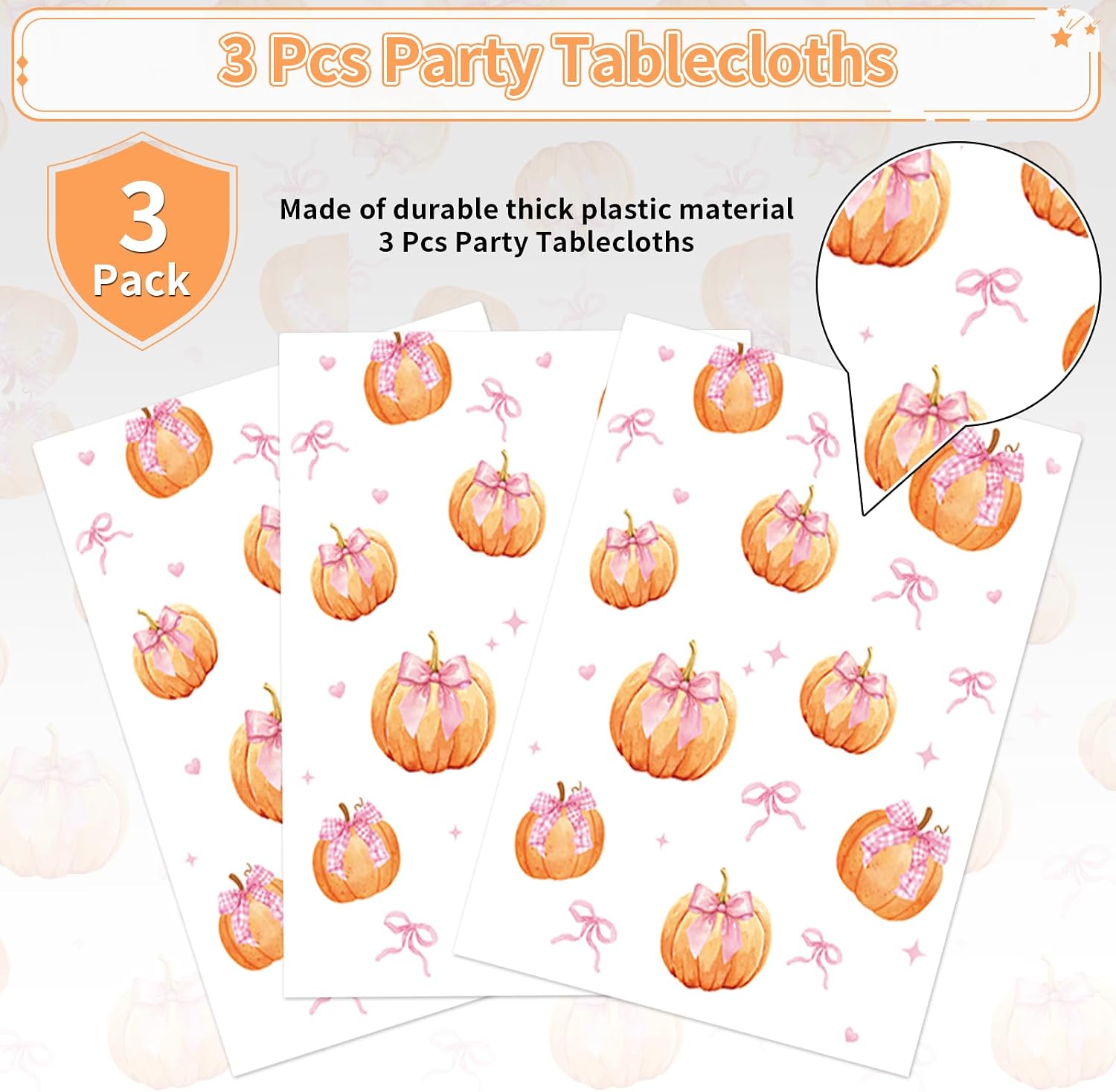 Fall pumpkin tablecloth draped on party table with autumn themed decorations