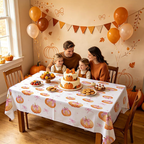 Package contents infographic showing 3 Grencian fall pumpkin tablecloths