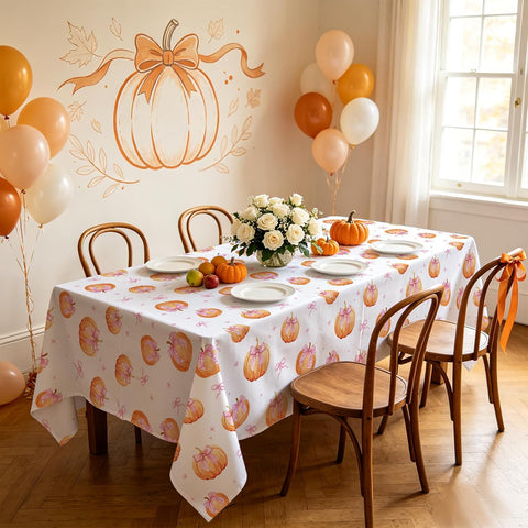 Baby shower or Thanksgiving party scene with pink pumpkin tablecloth