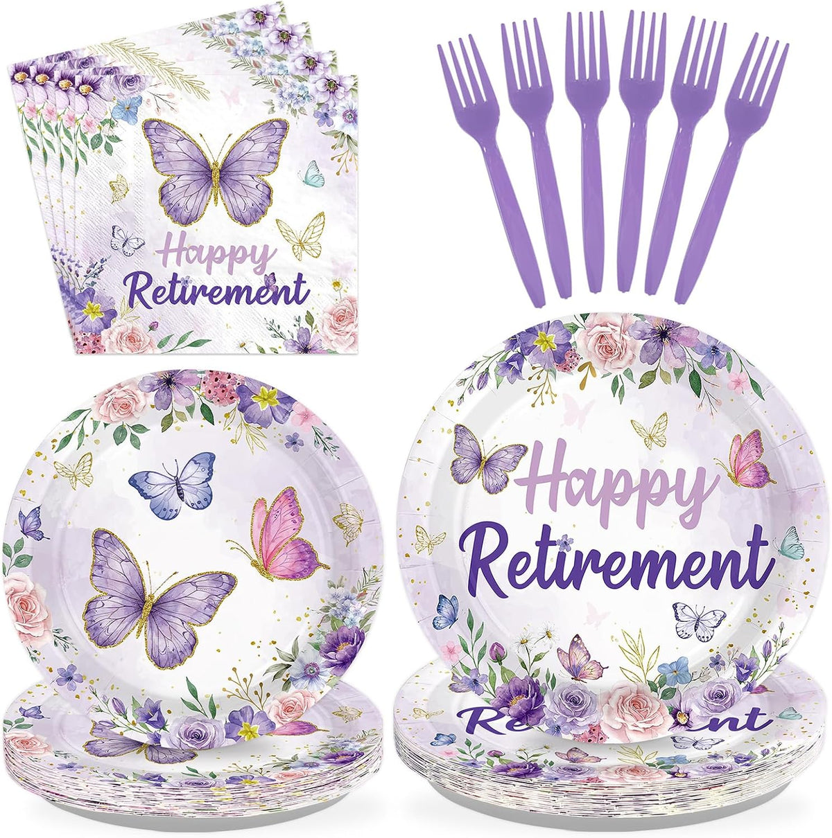 Purple butterfly Happy Retirement plates and napkins set for 24 guests