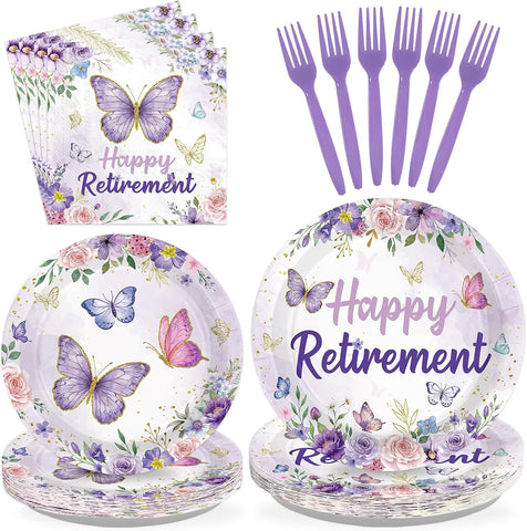 Purple butterfly Happy Retirement plates and napkins set for 24 guests