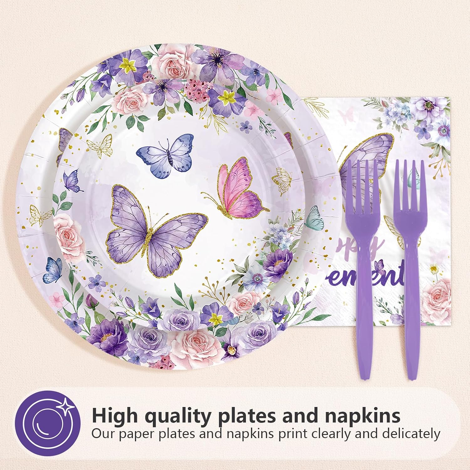 Happy Retirement napkins with watercolor purple butterfly and floral design