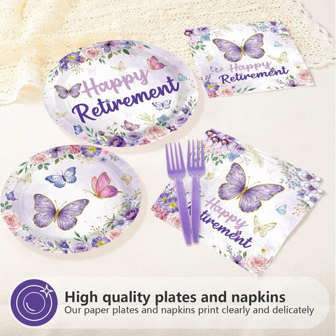 Purple butterfly retirement salad plates with gold accent florals