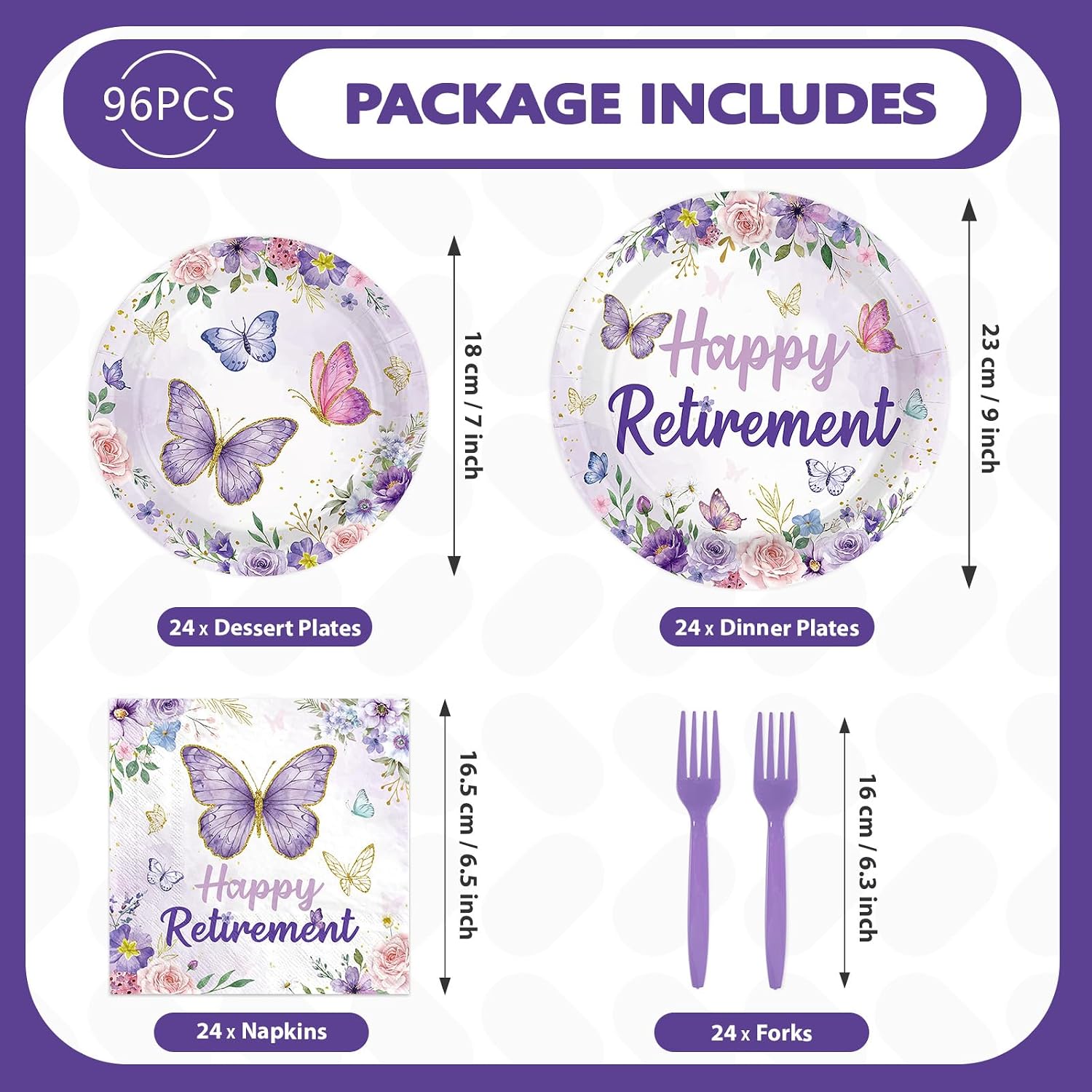 Purple floral retirement party napkins fanned in a stack