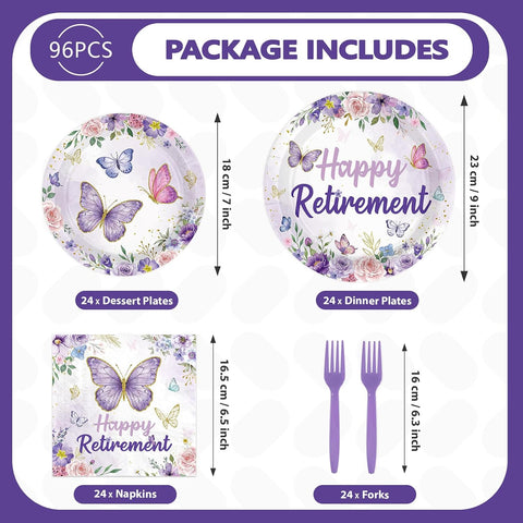 Purple floral retirement party napkins fanned in a stack