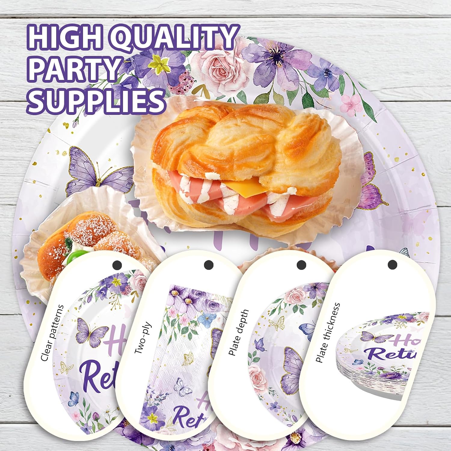 Purple butterfly retirement tableware set served with matching forks