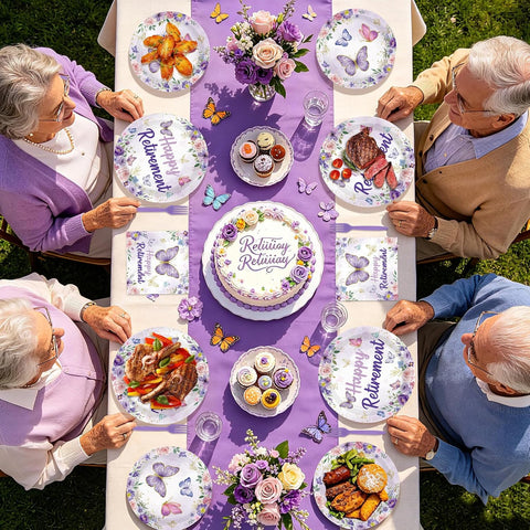 Purple butterfly retirement party flat lay with plates napkins and cutlery