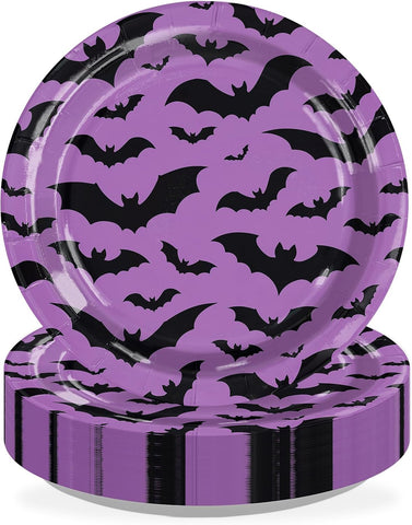 Grencian 50Pcs purple black bat paper plates 7 inch