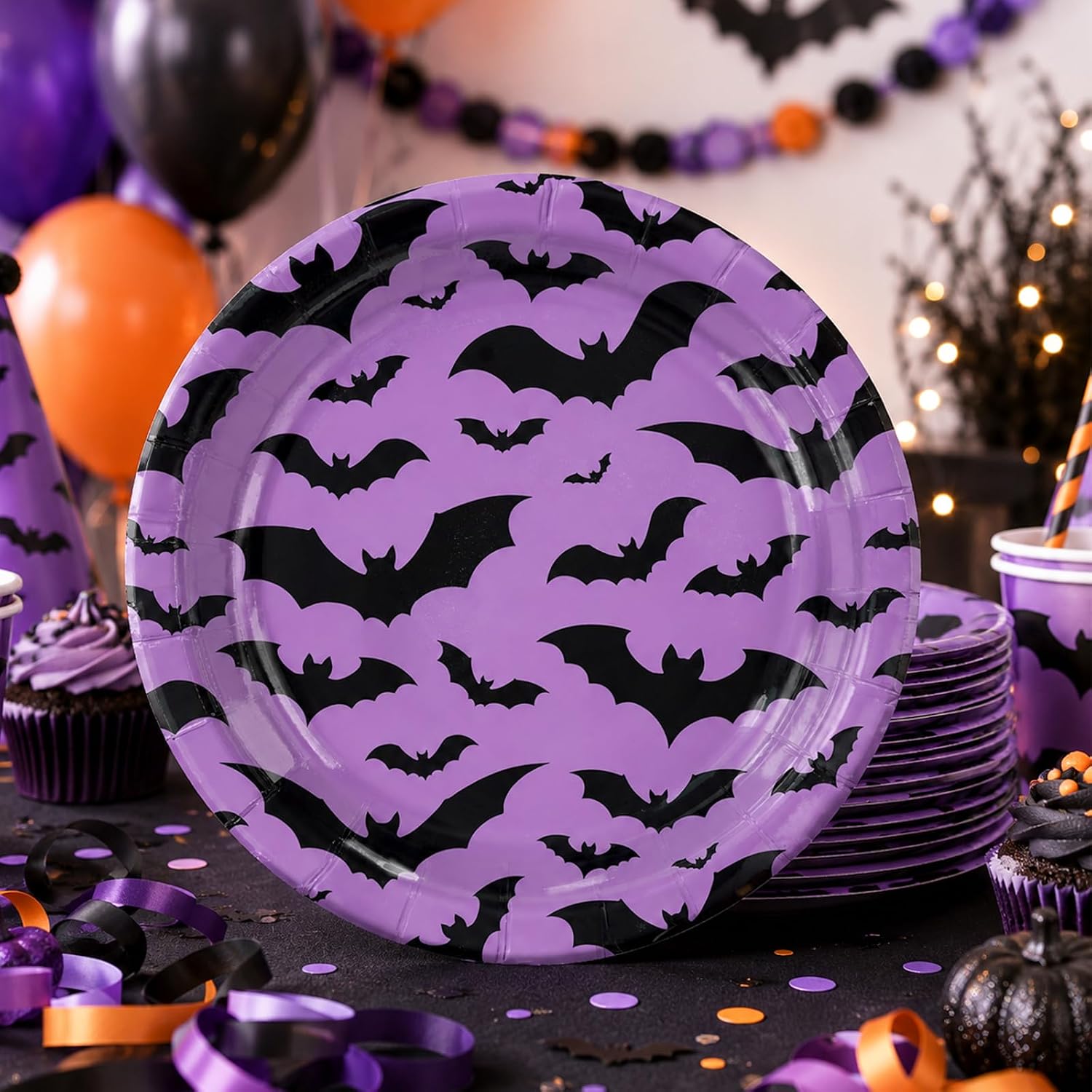 Close up of the black bat silhouettes on the purple plate