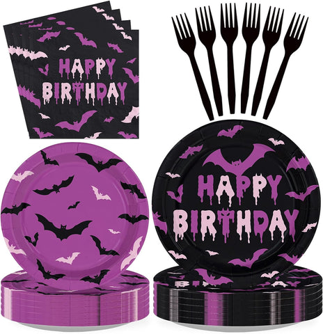 Grencian 96Pcs purple black bat birthday party set serves 24
