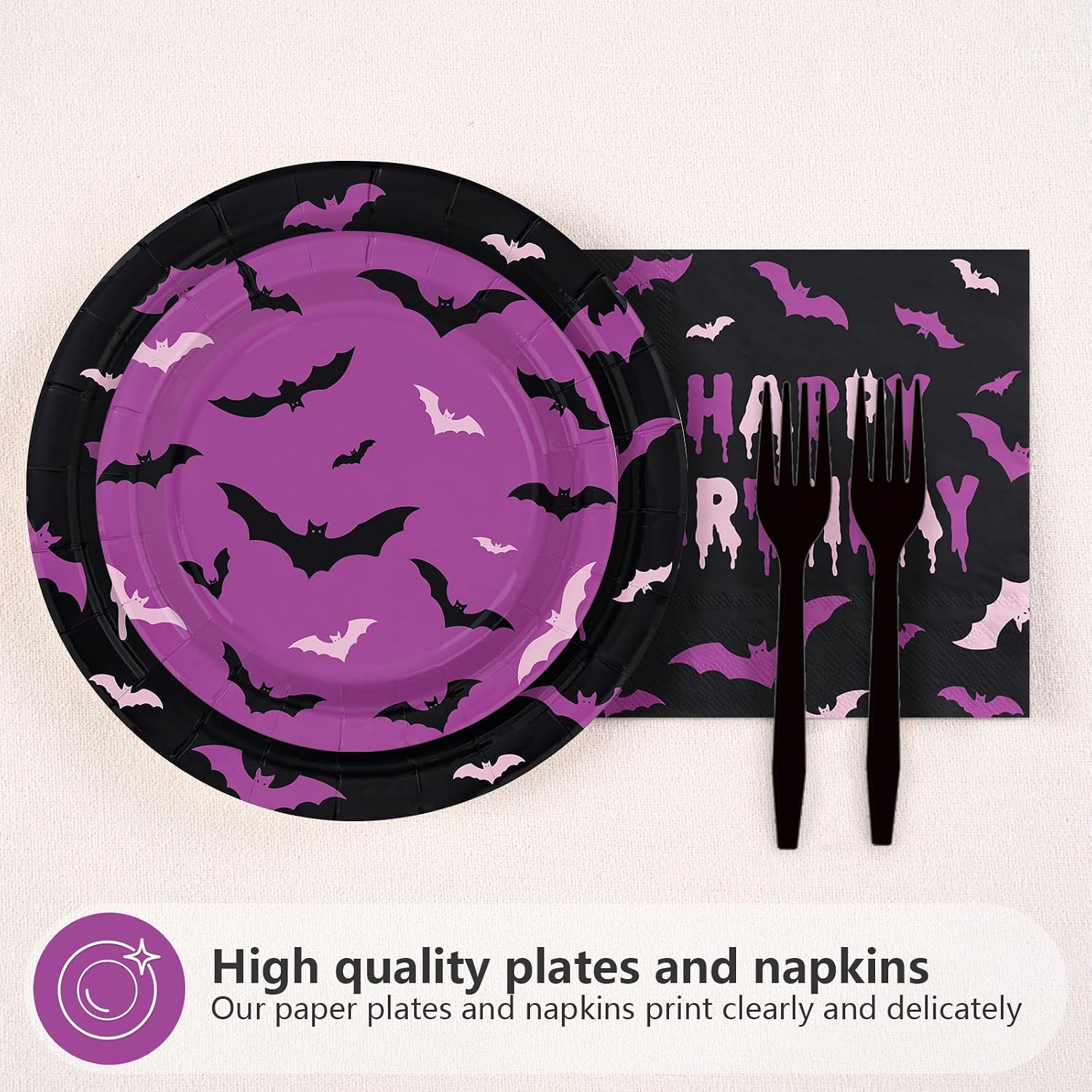 Full 96 piece purple and black bat party set