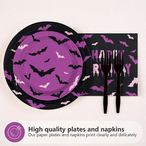 Full 96 piece purple and black bat party set