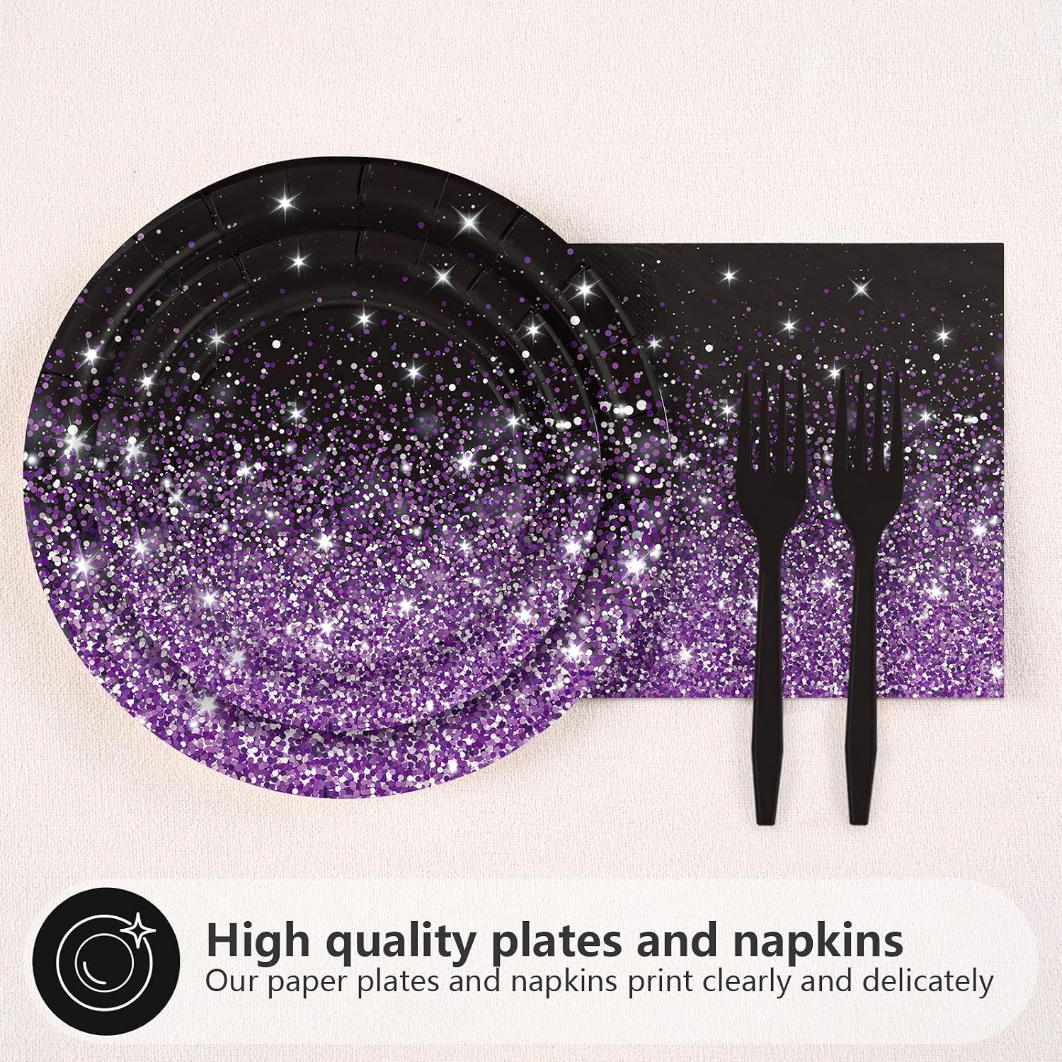 Purple gradient glitter design on the 9 inch dinner plates