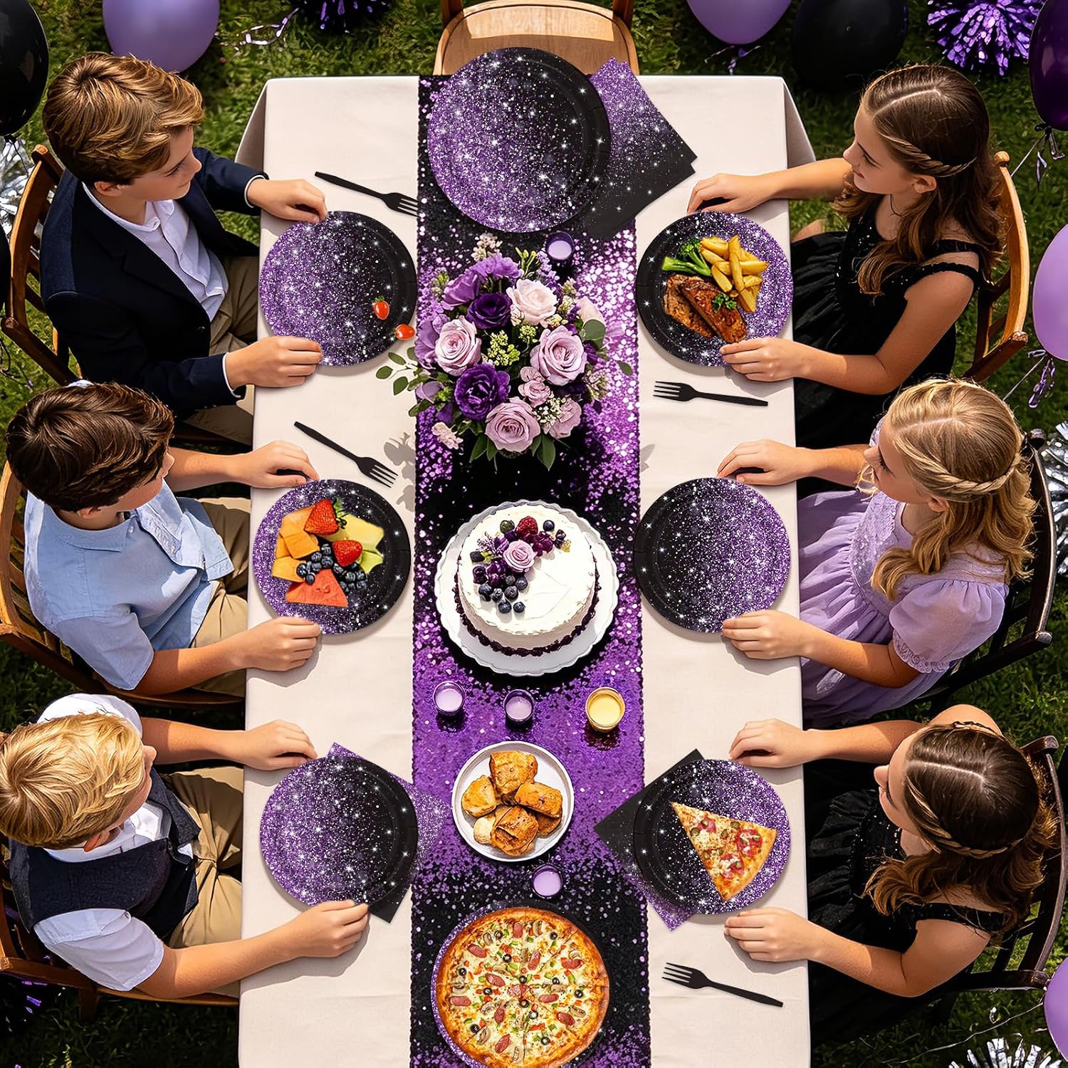 Party table styled with the purple black glitter set