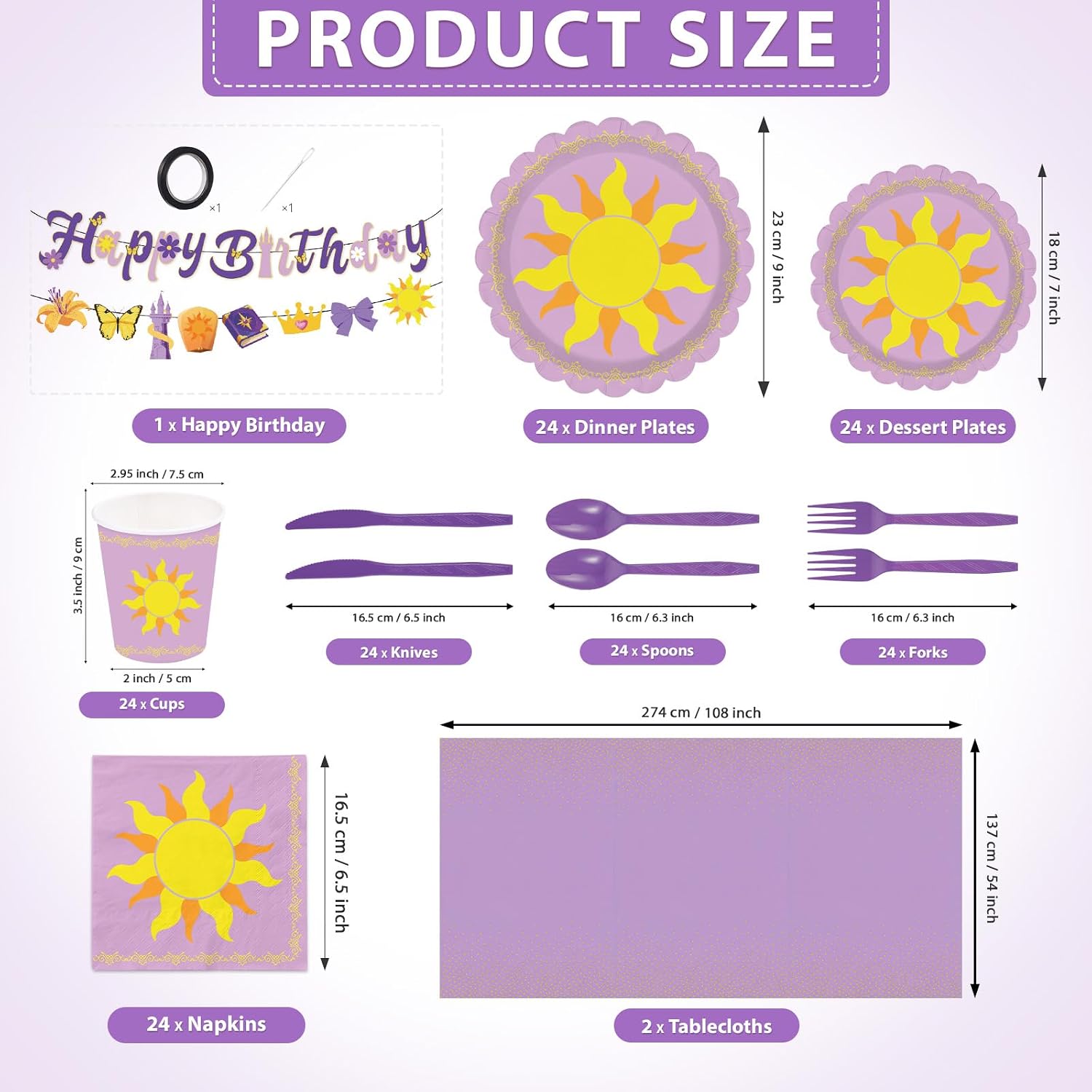 171Pcs Purple Sun Princess Birthday Party Supplies Serves 24 - Grencian