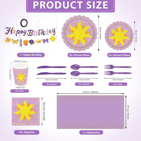 171Pcs Purple Sun Princess Birthday Party Supplies Serves 24 - Grencian
