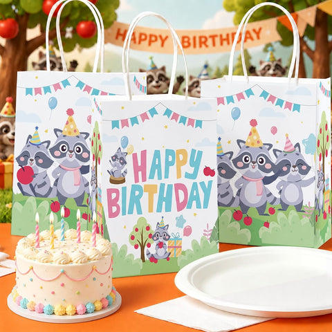 Package contents infographic showing 16 raccoon favor bags