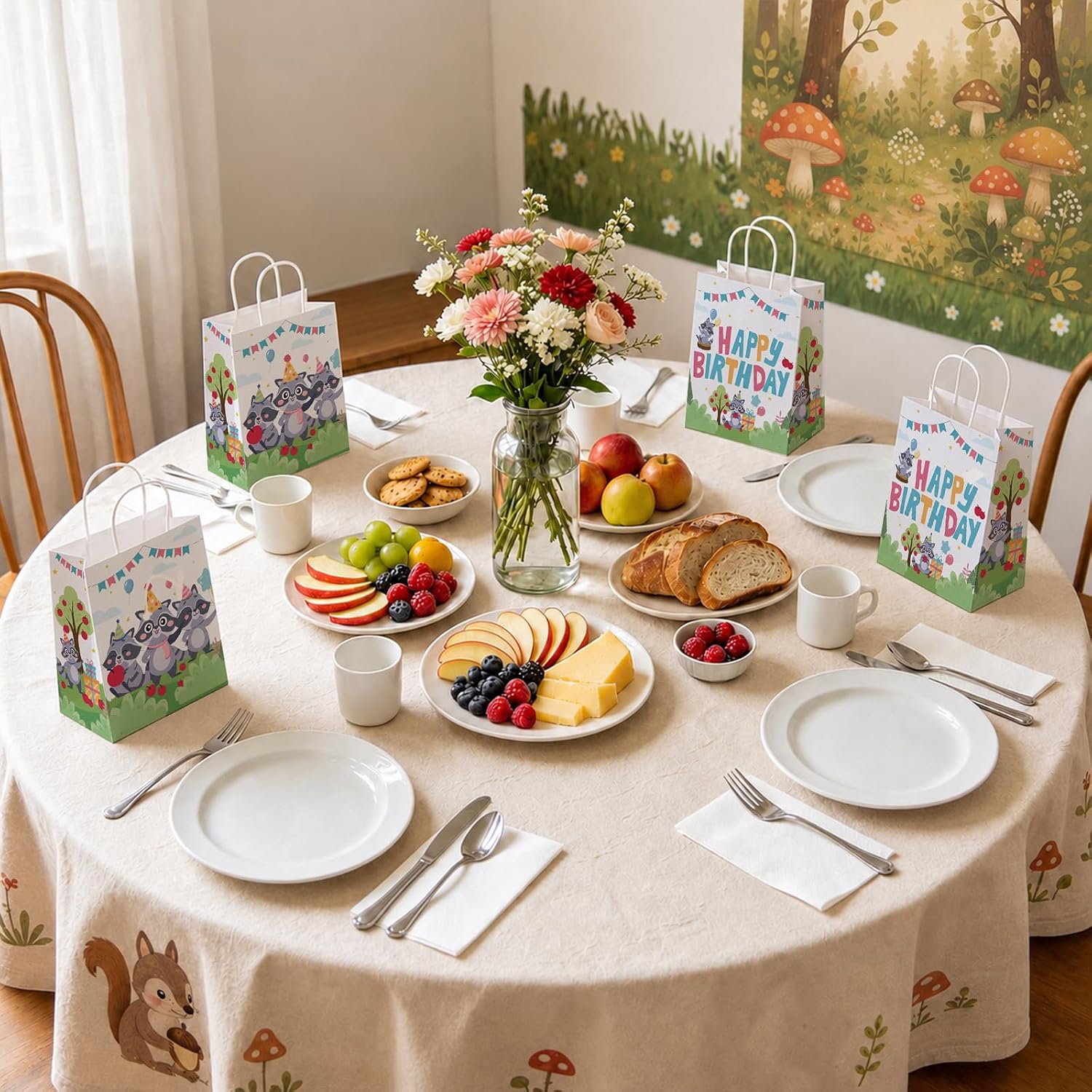 Kids birthday baby shower scene with raccoon woodland themed bags