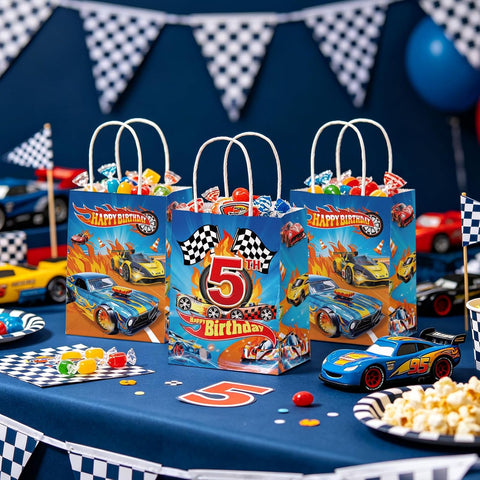 Package contents infographic showing 16 racing car favor bags
