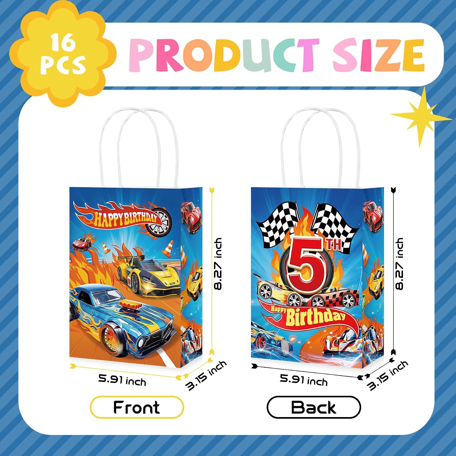 Racing car paper gift bag with handles and checkered flag design
