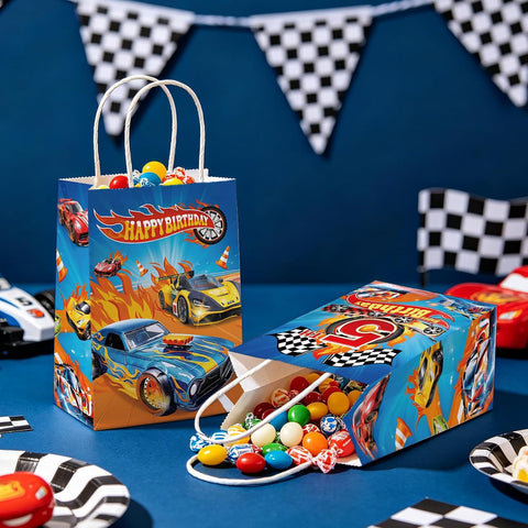 Lifestyle shot of racing car goodie bags filled with candy and gifts