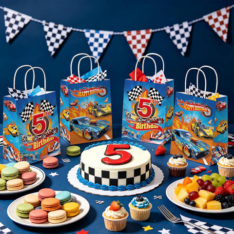 Boys 5th birthday party scene with racing car themed goodie bags