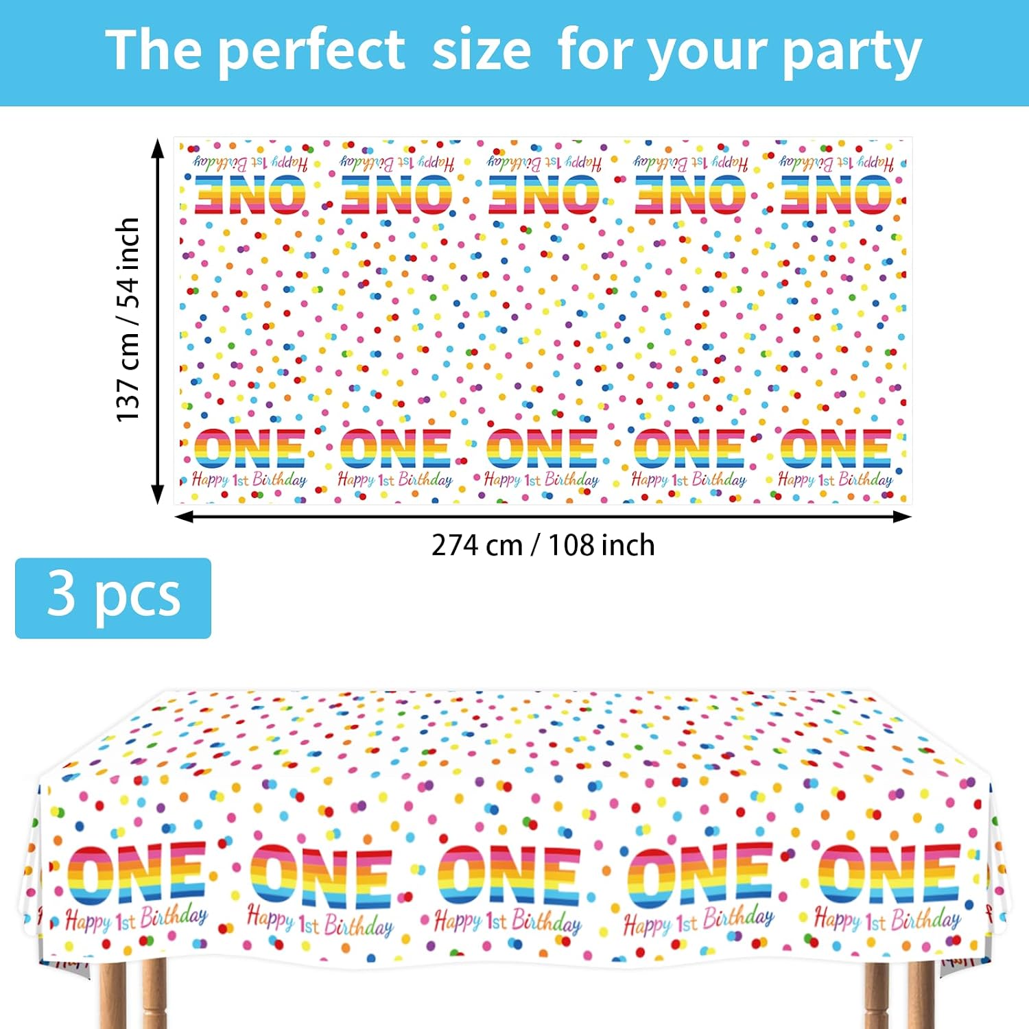 Flat lay of three rainbow tablecloths with colorful confetti pattern