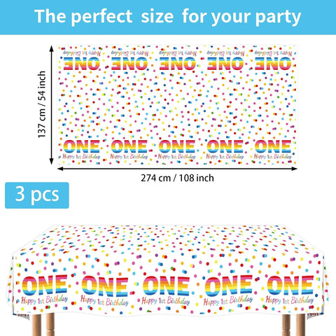 Flat lay of three rainbow tablecloths with colorful confetti pattern