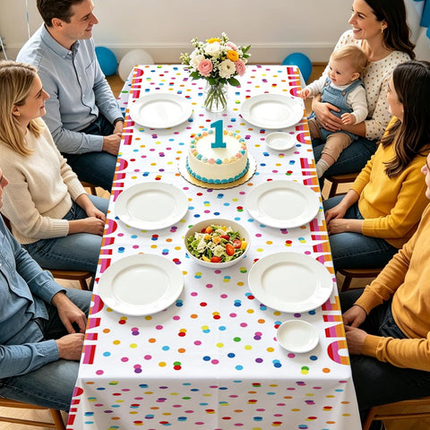 Package contents infographic showing 3 Grencian rainbow tablecloths