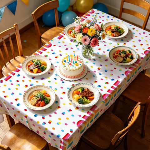 Girls boys 1st birthday party scene with rainbow confetti tablecloth