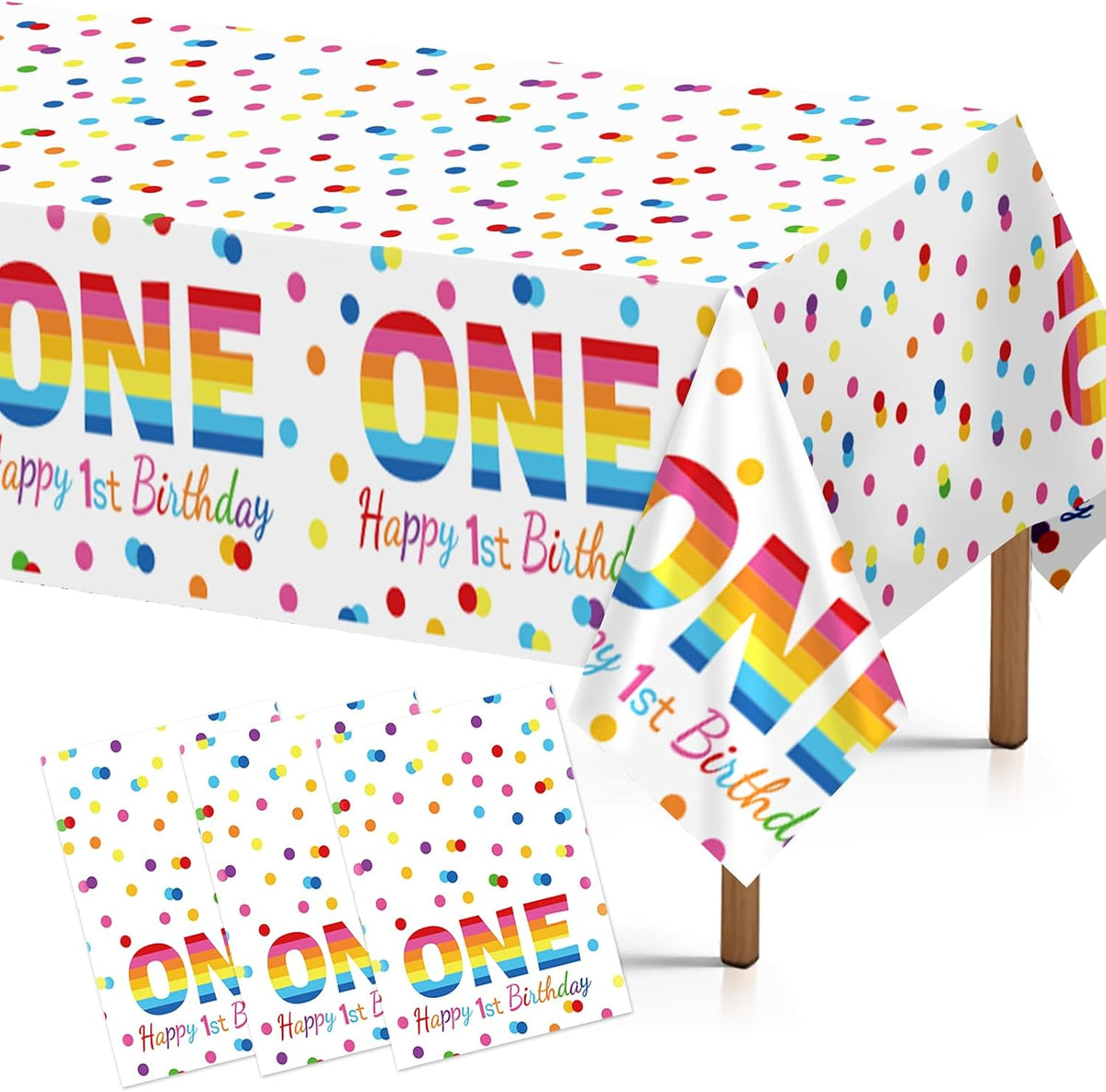 Grencian 3-piece rainbow 1st birthday tablecloth set with polka dots