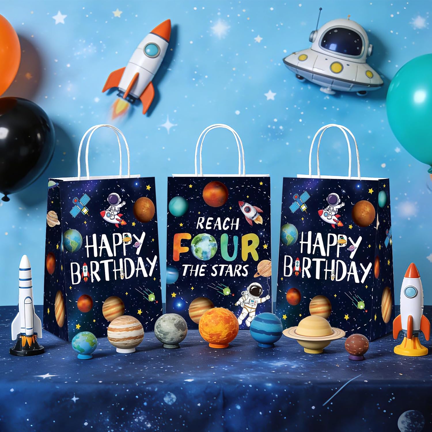 Package contents infographic showing 16 Reach Four the Stars favor bags
