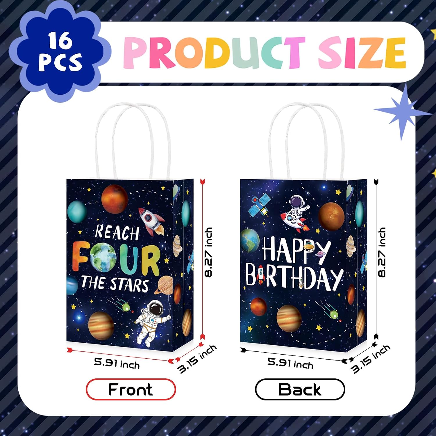 Space 4th birthday favor bag with planet and astronaut design
