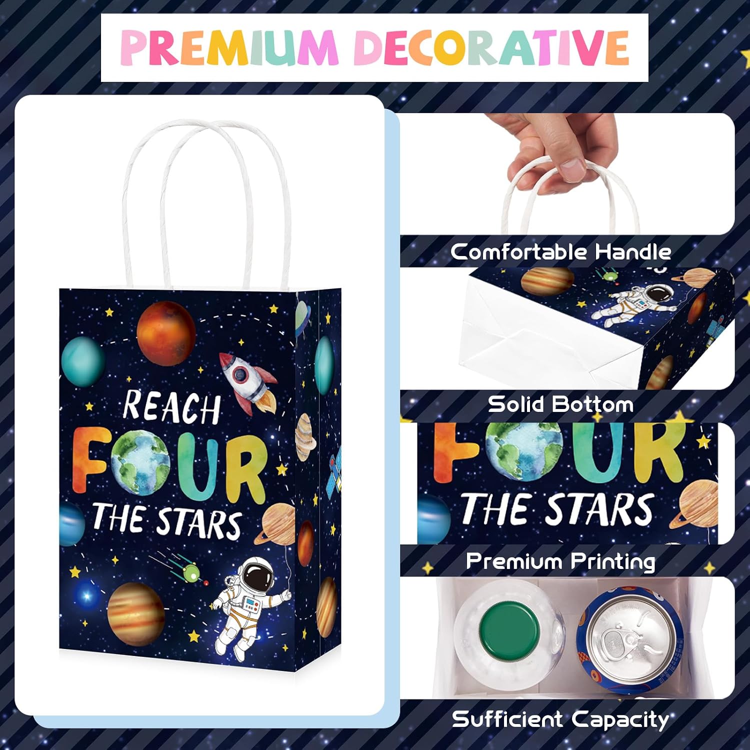 Outer space paper gift bag with handles and star design