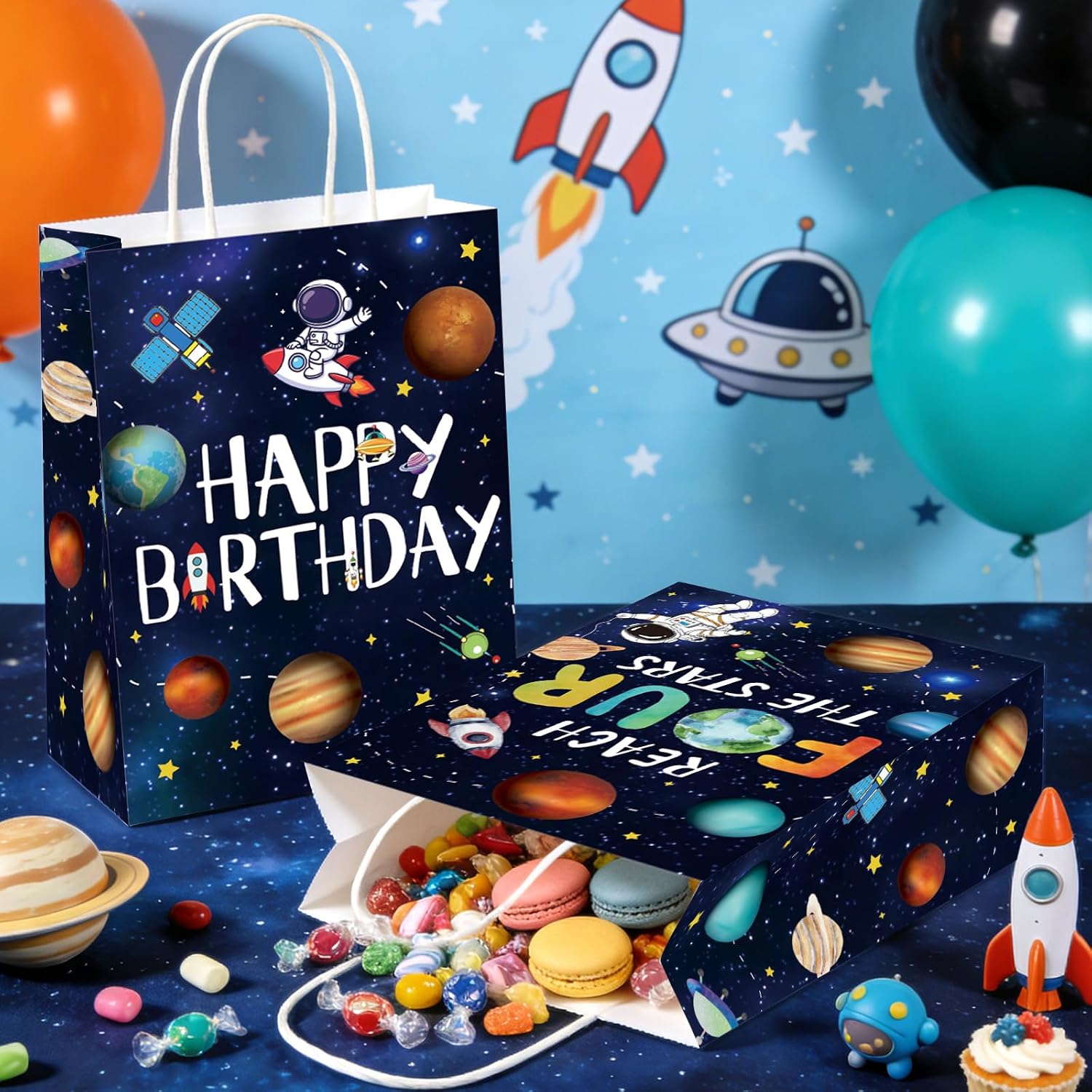 Lifestyle shot of space goodie bags filled with candy and treats