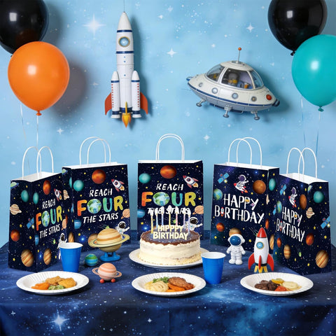 Boys 4th birthday party scene with space themed goodie bags