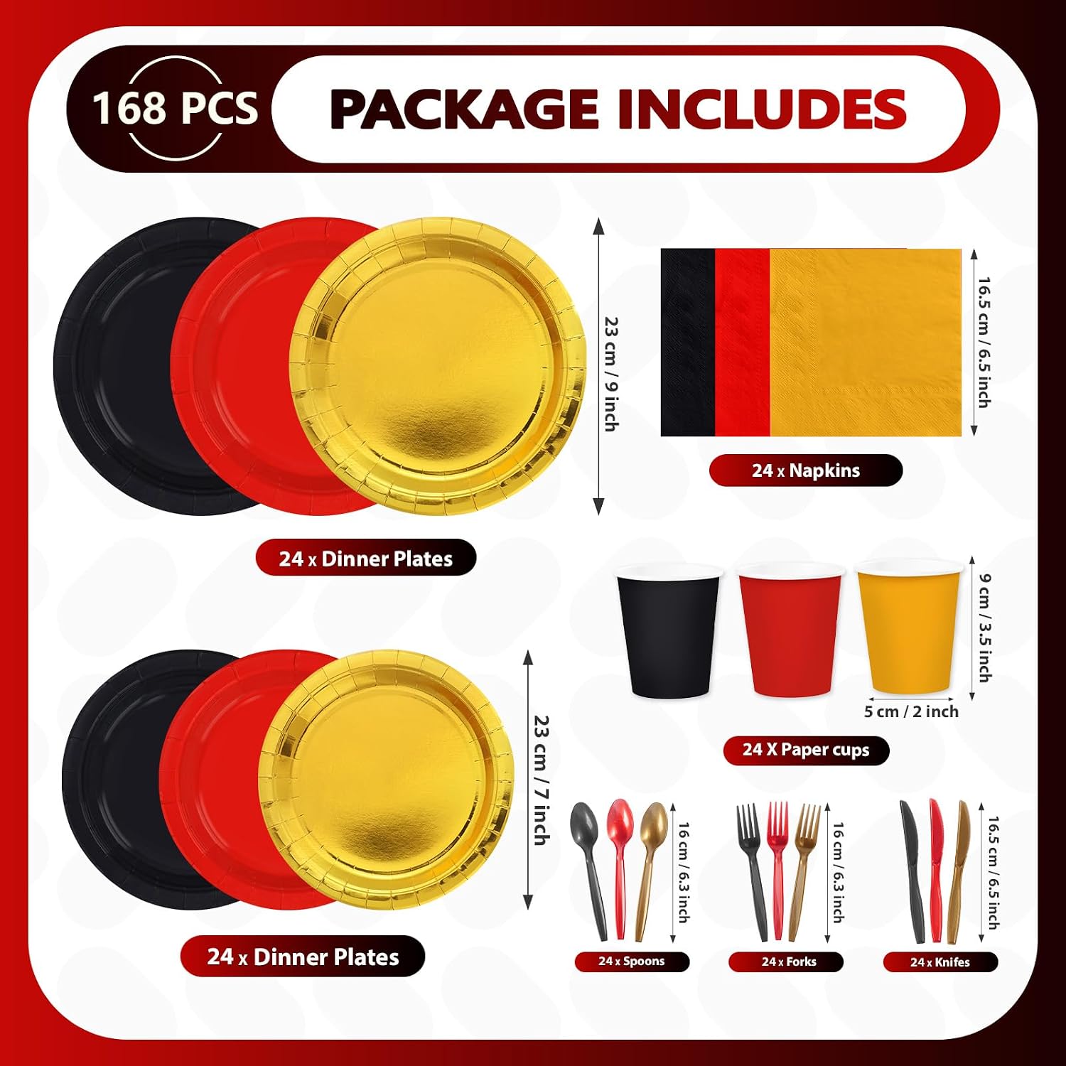Red black and gold plates cups and cutlery flat lay