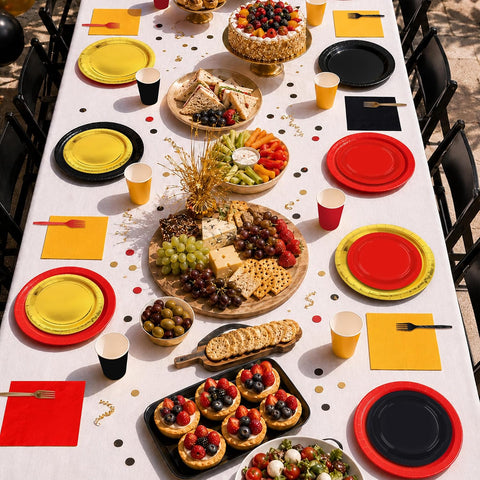 Red black gold place setting with the party plates