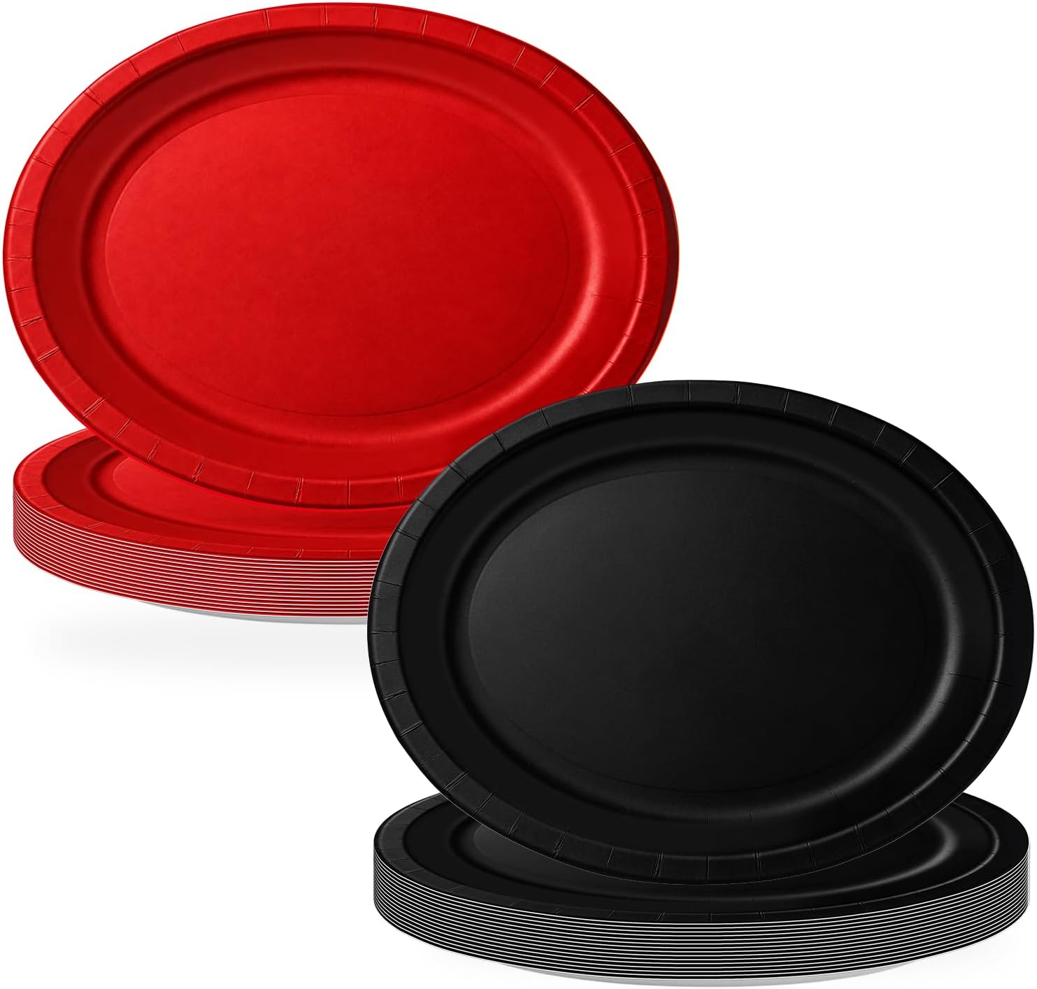 Grencian 50Pcs red and black oval paper plates 12 by 10 inch