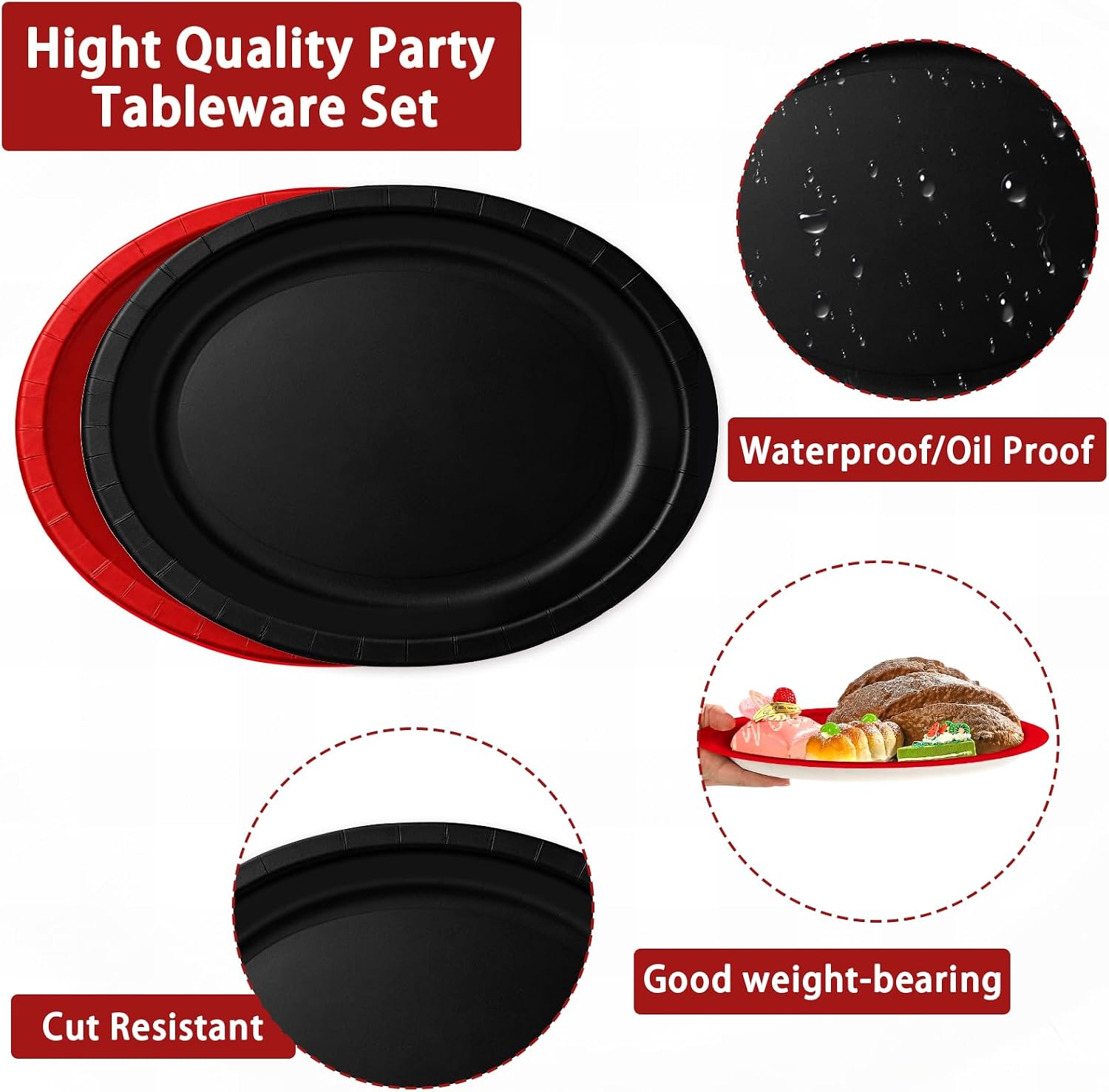 Glossy red and matte black oval plates from the party tableware set