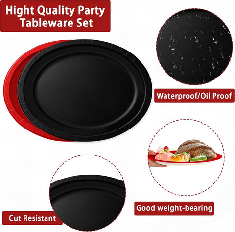 Glossy red and matte black oval plates from the party tableware set